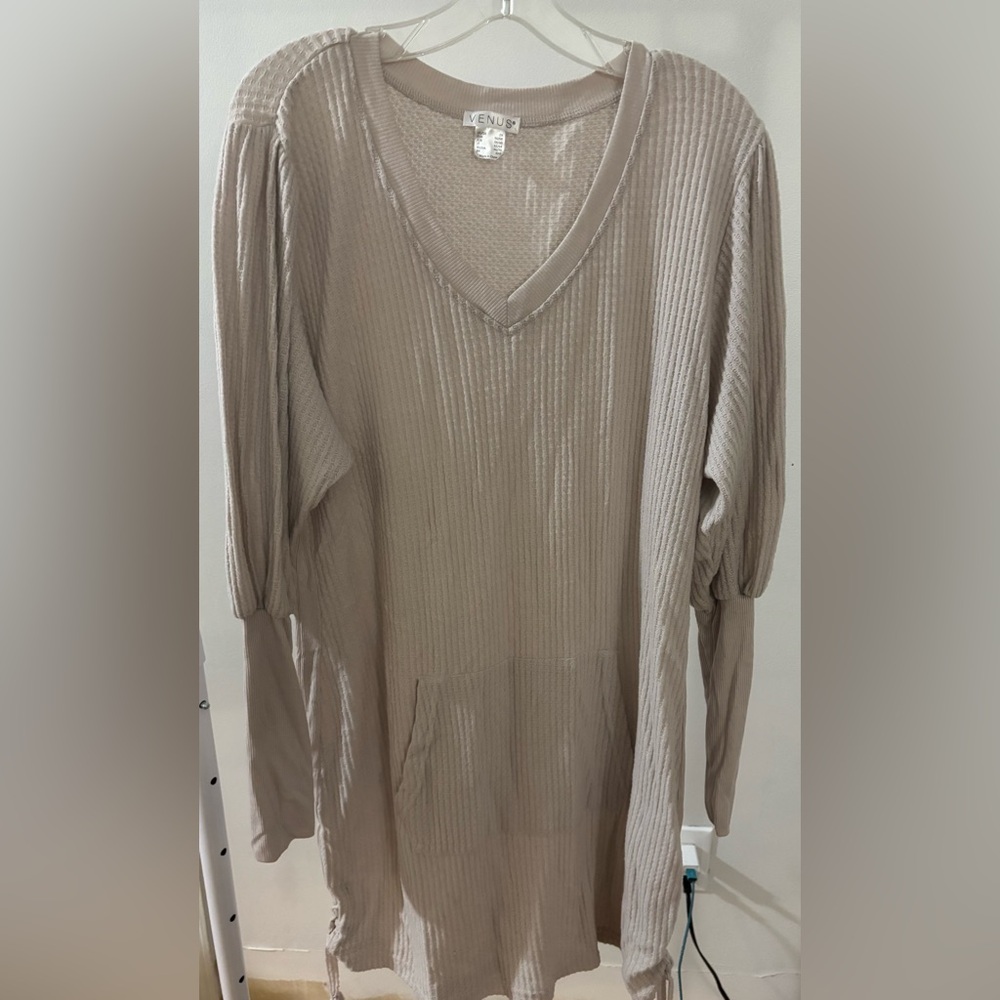 Beige V-Neck Ribbed Sweater